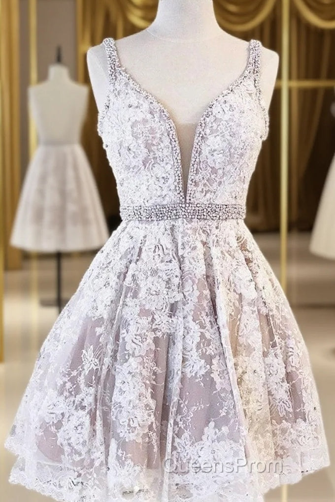 Cute V Neck Lace Short Evening Prom Dress Lace Homecoming Dress Main image