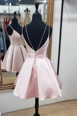 Cute V Neck Open Back Pink Short Evening Prom Dress, Backless Pink Homecoming Dress, Short Pink Formal Evening Dress