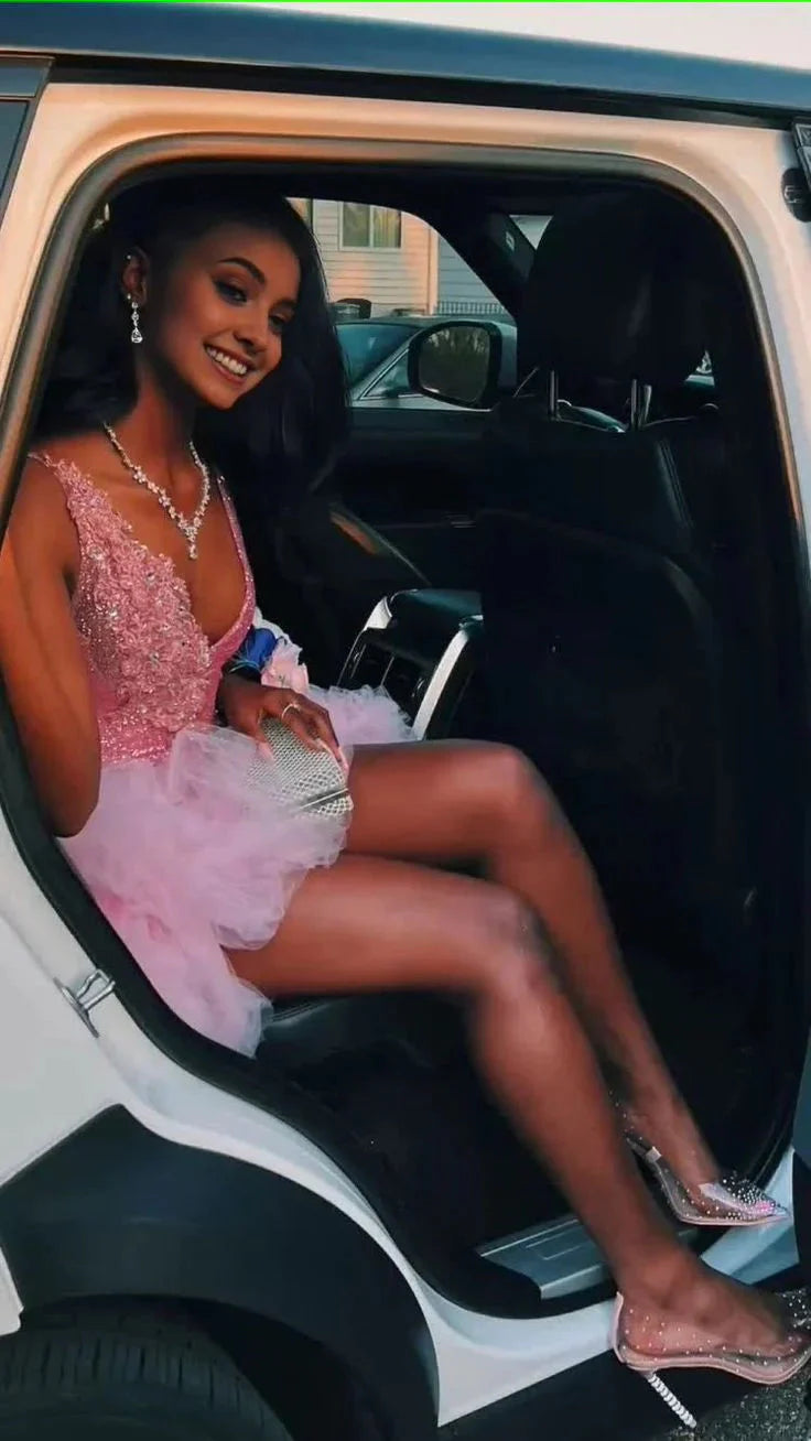 Cute V Neck Pink Short Homecoming Dress Tulle Ruffles Pink Birthday Outfit Dress Secondary image