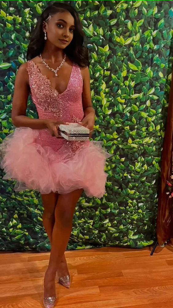 Cute V Neck Pink Short Homecoming Dress Tulle Ruffles Pink Birthday Outfit Dress Main image
