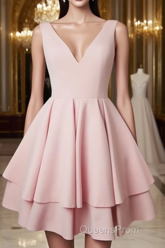 Cute v neck pink short Evening Prom Dress. pink homecoming Dress Main image