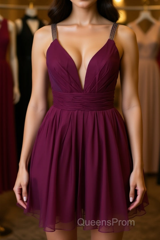 Cute V Neck Purple Chiffon Short Evening Prom Dress Homecoming Dress, V Neck Purple Formal Dress, Purple Evening Dress Cocktail Dress Main image