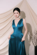 Cute V-Neck Satin Long Classy Prom Dress, Blue A-Line Low Back Classy Evening Party Dress