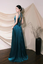 Cute V-Neck Satin Long Classy Prom Dress, Blue A-Line Low Back Classy Evening Party Dress