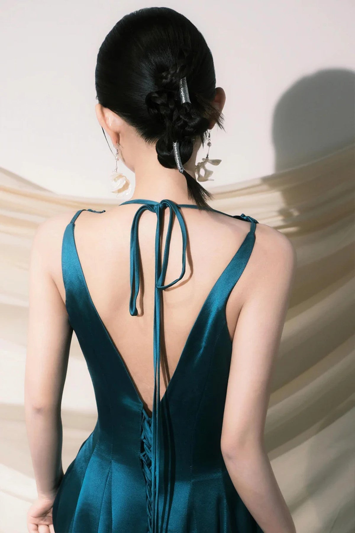 Cute V-Neck Satin Long Classy Prom Dress, Blue A-Line Low Back Classy Evening Party Dress