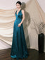 Cute V-Neck Satin Long Classy Prom Dress, Blue A-Line Low Back Classy Evening Party Dress