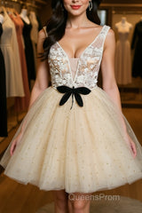 Cute V Neck Short Champagne Lace Evening Prom Dress with Beading, Short Champagne Lace Formal Graduation Homecoming Dress