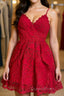 Cute V Neck Short Red Lace Evening Prom Dress with Straps, Short Red Lace Formal Graduation Homecoming Dress, Red Cocktail Dress
