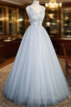 Cute V-Neck Tulle Long Evening Prom Dress, Gray Evening Dress Party Dress