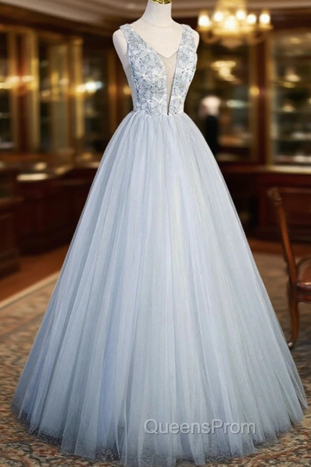 Cute V-Neck Tulle Long Evening Prom Dress, Gray Evening Dress Party Dress