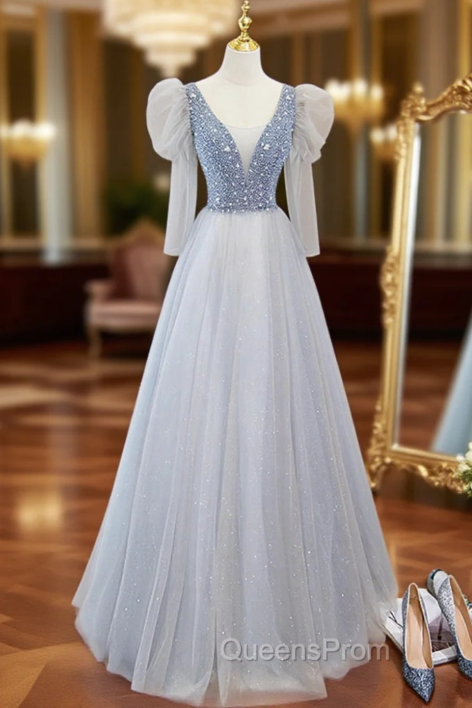 Cute V-Neck Tulle Long Evening Prom Dress with Beaded, A-Line Long Sleeve Evening Dress Main image