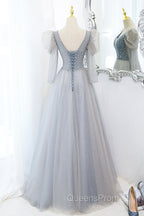 Cute V-Neck Tulle Long Evening Prom Dress with Beaded, A-Line Long Sleeve Evening Dress