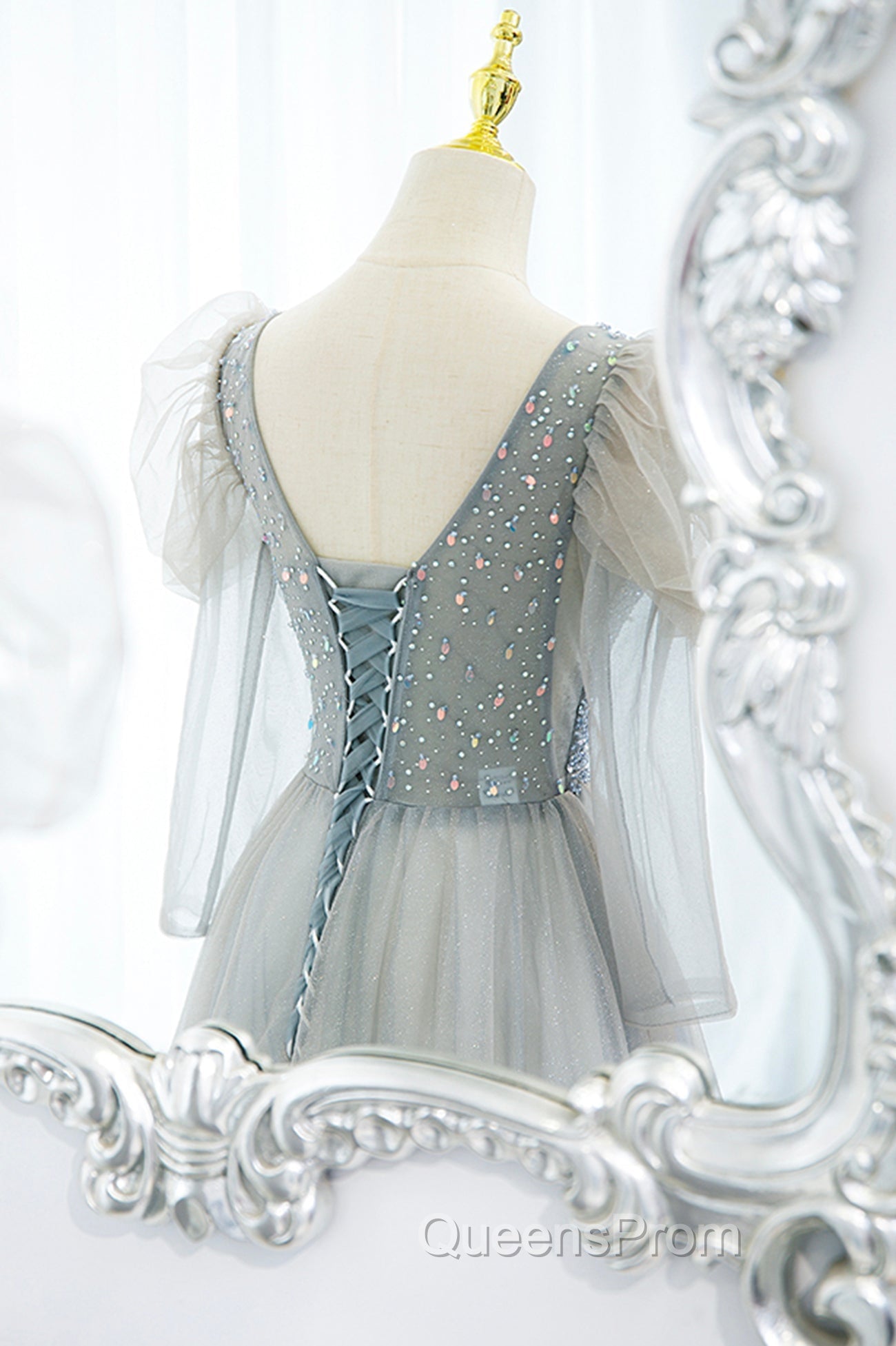 Cute V-Neck Tulle Long Evening Prom Dress with Beaded, A-Line Long Sleeve Evening Dress