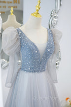 Cute V-Neck Tulle Long Evening Prom Dress with Beaded, A-Line Long Sleeve Evening Dress