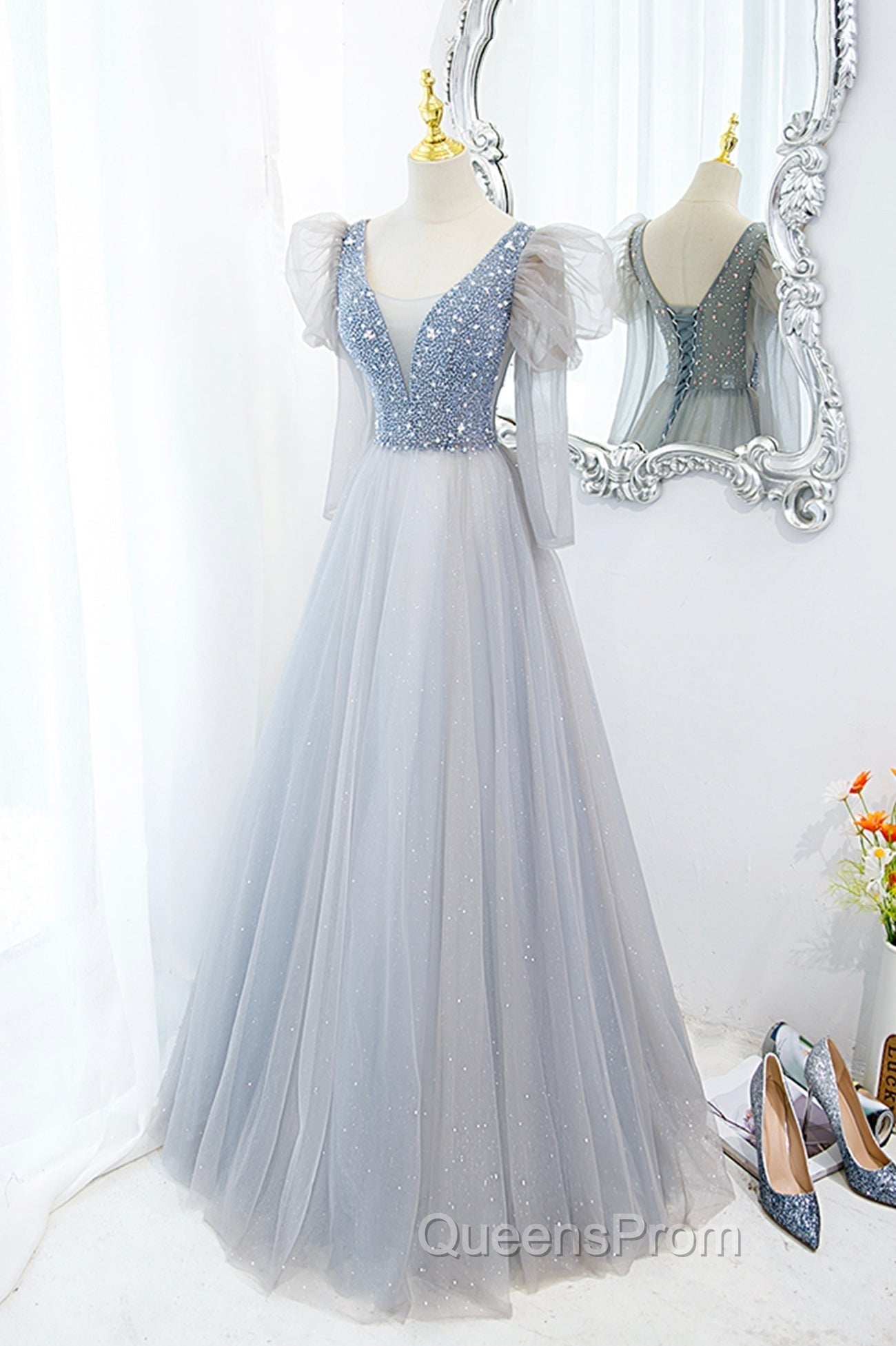 Cute V-Neck Tulle Long Evening Prom Dress with Beaded, A-Line Long Sleeve Evening Dress Secondary image