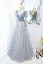 Cute V-Neck Tulle Long Evening Prom Dress with Beaded, A-Line Long Sleeve Evening Dress