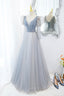 Cute V-Neck Tulle Long Evening Prom Dress with Beaded, A-Line Long Sleeve Evening Dress