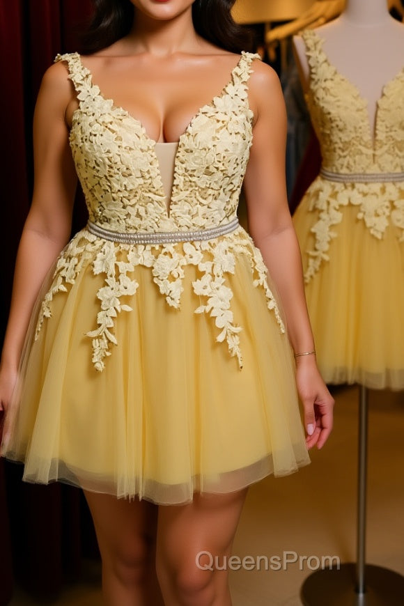 Cute V Neck Yellow Lace Short Evening Prom Dress with Belt, Yellow Lace Homecoming Dress, Short Yellow Formal Evening Dress
