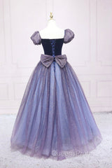 Cute Velvet Tulle Long Evening Prom Dress, A-Line Short Sleeve Graduation Dress
