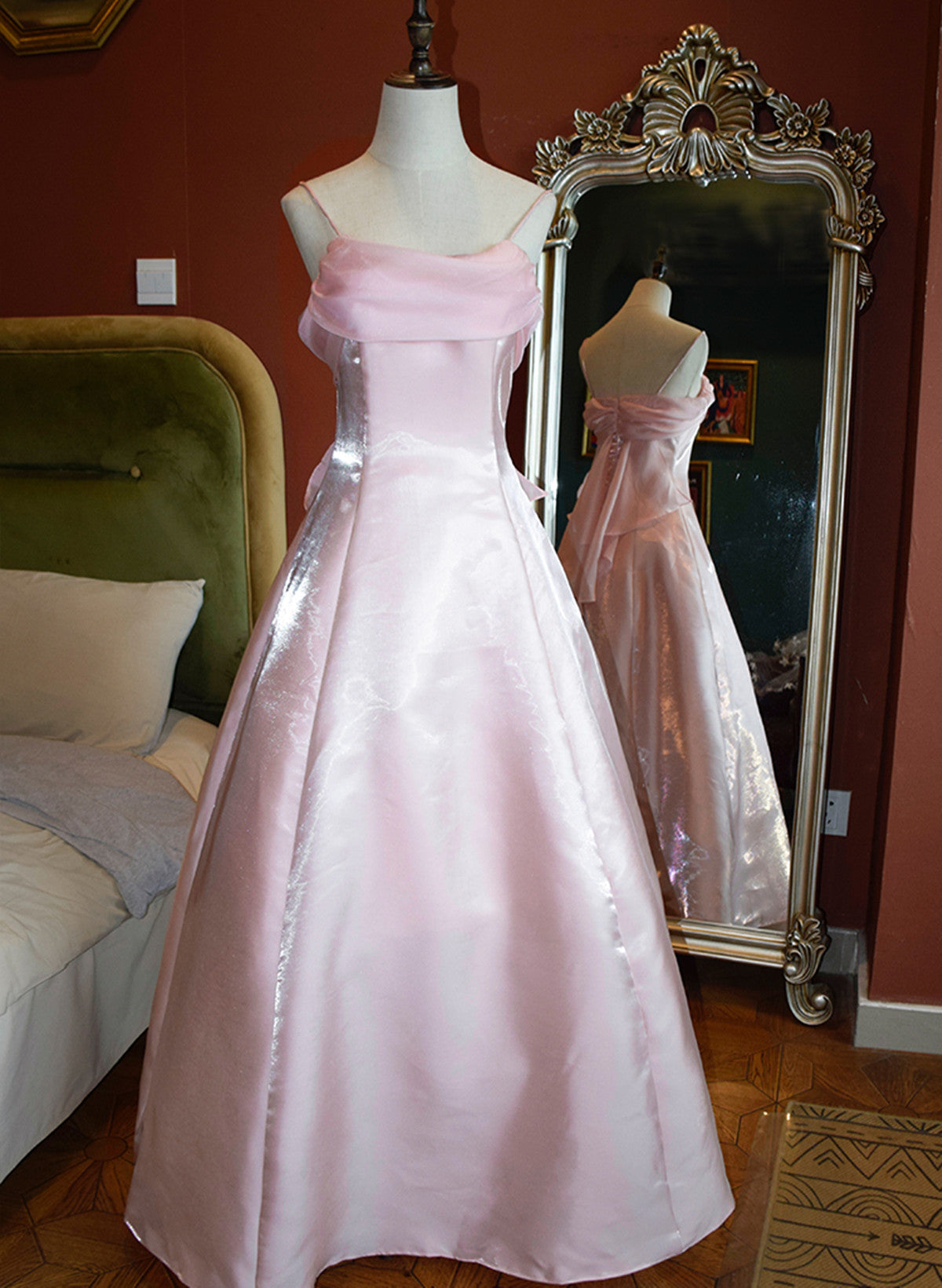 Cute Pink Long Satin Straps Long Party Dress, A-Line Satin Classy Prom Dress Main image