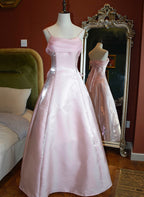 Cute Pink Long Satin Straps Long Party Dress, A-Line Satin Classy Prom Dress