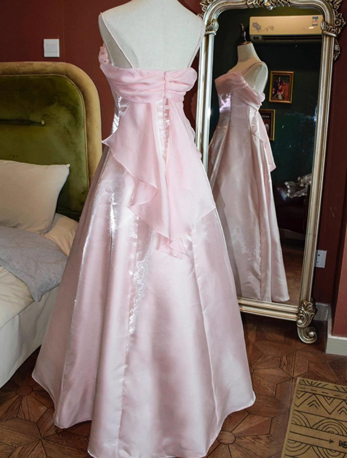 Cute Pink Long Satin Straps Long Party Dress, A-Line Satin Classy Prom Dress Secondary image