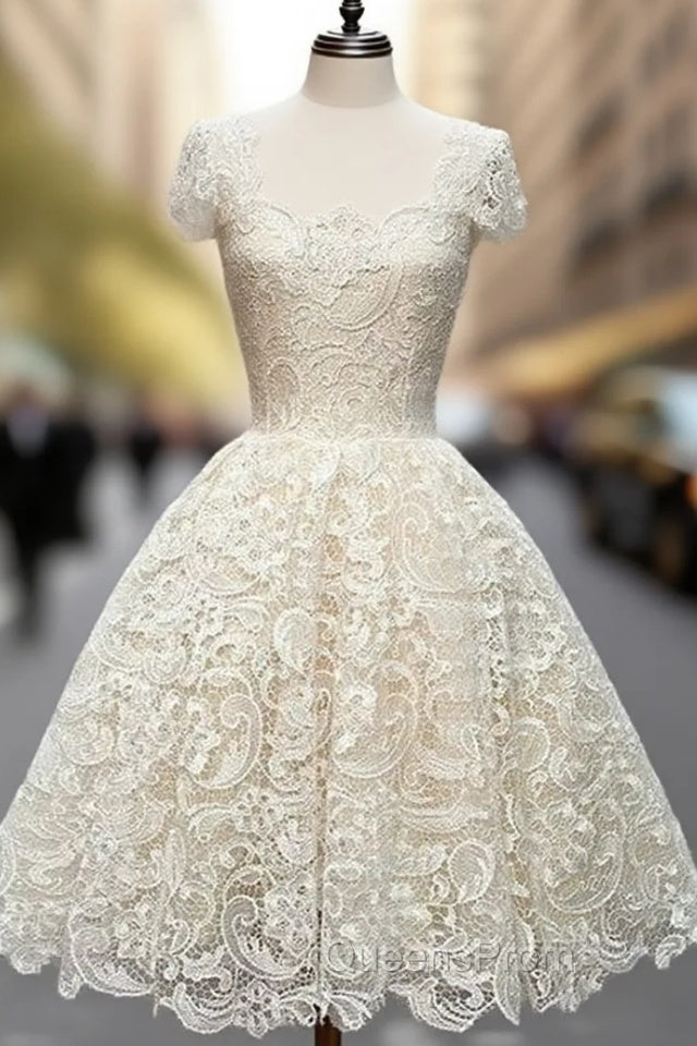 Cute White Lace Short Evening Prom Dress, Lace Bridesmaid Dress Main image
