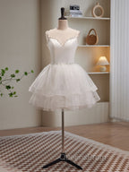 Cute White Short Tulle Beaded Graduation Dress, White Short Evening Prom Dress Evening Dress