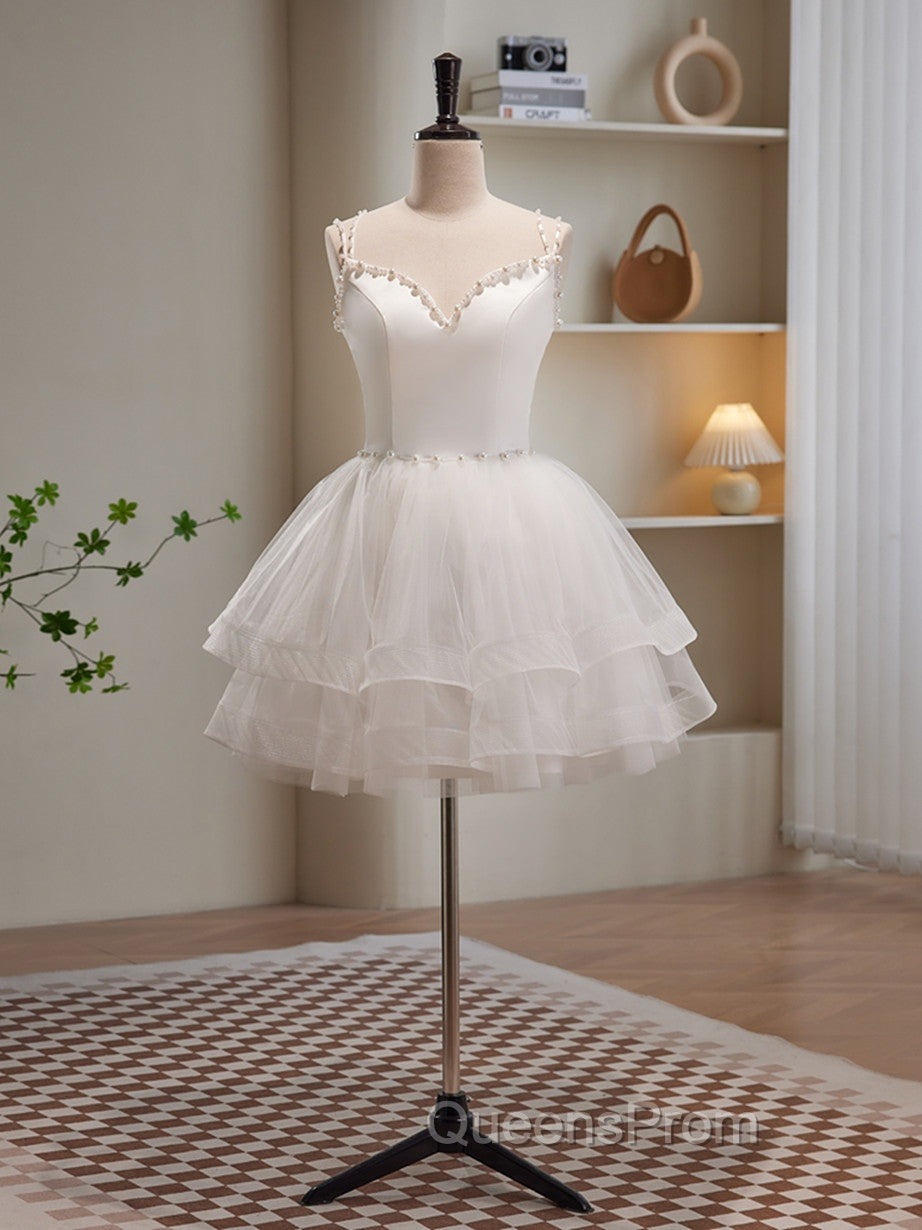 Cute White Short Tulle Beaded Graduation Dress, White Short Evening Prom Dress Evening Dress