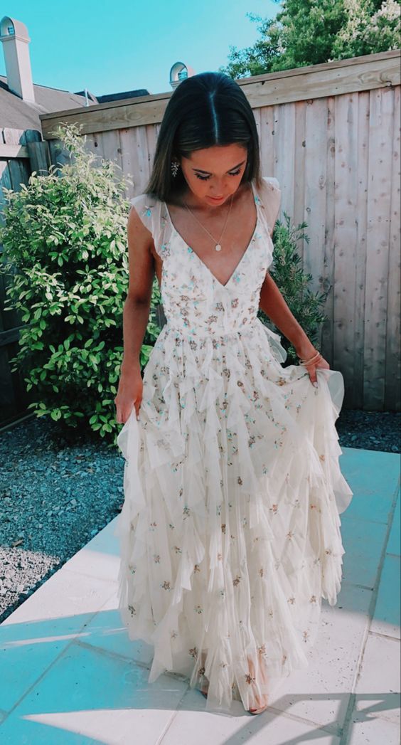 Cute White Starry Tulle Layers Ruffle Classy Prom Dress