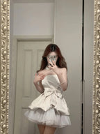 Cute White Strapless Bow Satin Tulle Mini 17Th Birthday Homecoming Dress