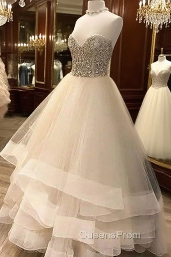 Cute White Tulle Long Evening Prom Dress, White Evening Dress Main image