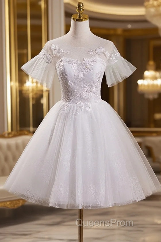 Cute White Tulle with Lace Short Party Dress, White Graduation Dress Main image