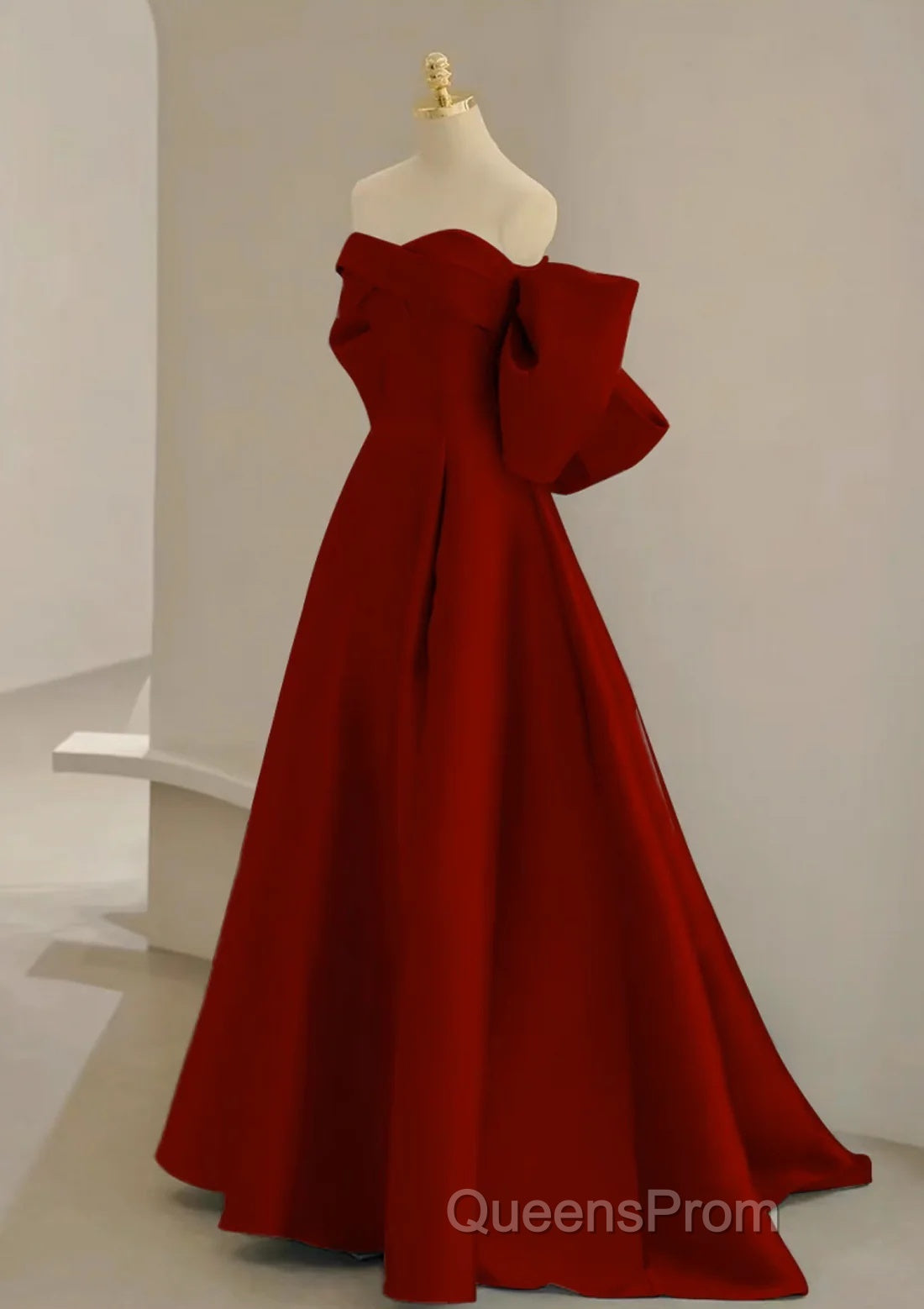 Cute Wine Red Satin Off Shoulder Long Party Dress With Bow, Wine Red Evening Prom Dress Secondary image