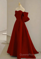 Cute Wine Red Satin Off Shoulder Long Party Dress With Bow, Wine Red Evening Prom Dress