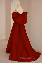 Cute Wine Red Satin Off Shoulder Long Party Dress With Bow, Wine Red Evening Prom Dress