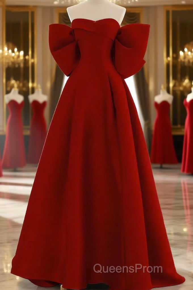 Cute Wine Red Satin Off Shoulder Long Party Dress With Bow, Wine Red Evening Prom Dress Main image