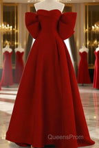 Cute Wine Red Satin Off Shoulder Long Party Dress With Bow, Wine Red Evening Prom Dress