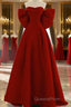 Cute Wine Red Satin Off Shoulder Long Party Dress With Bow, Wine Red Evening Prom Dress