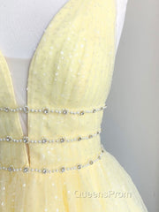 Cute Yellow V Neck Tulle Beads Short Evening Prom Dress Yellow Homecoming Dress