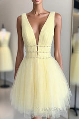 Cute Yellow V Neck Tulle Beads Short Evening Prom Dress Yellow Homecoming Dress