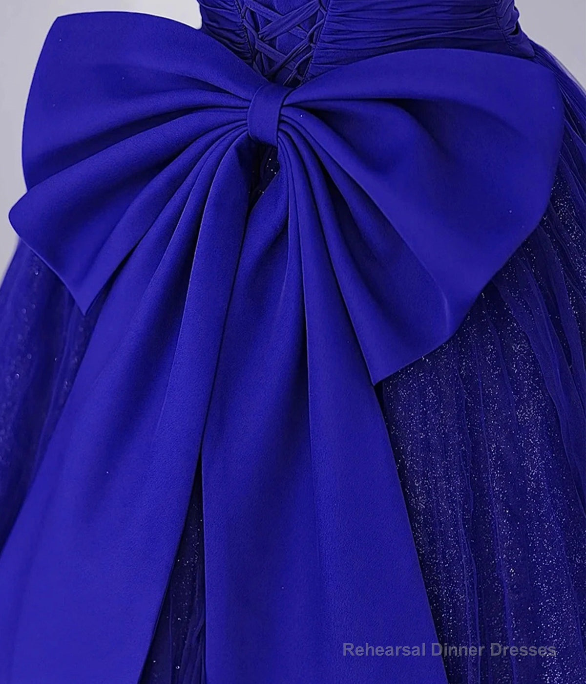 Cute Tulle Long Prom Dress with Bow, Royal Blue Short Sleeve Evening Party Dress Main image