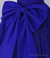 Cute Tulle Long Prom Dress with Bow, Royal Blue Short Sleeve Evening Party Dress