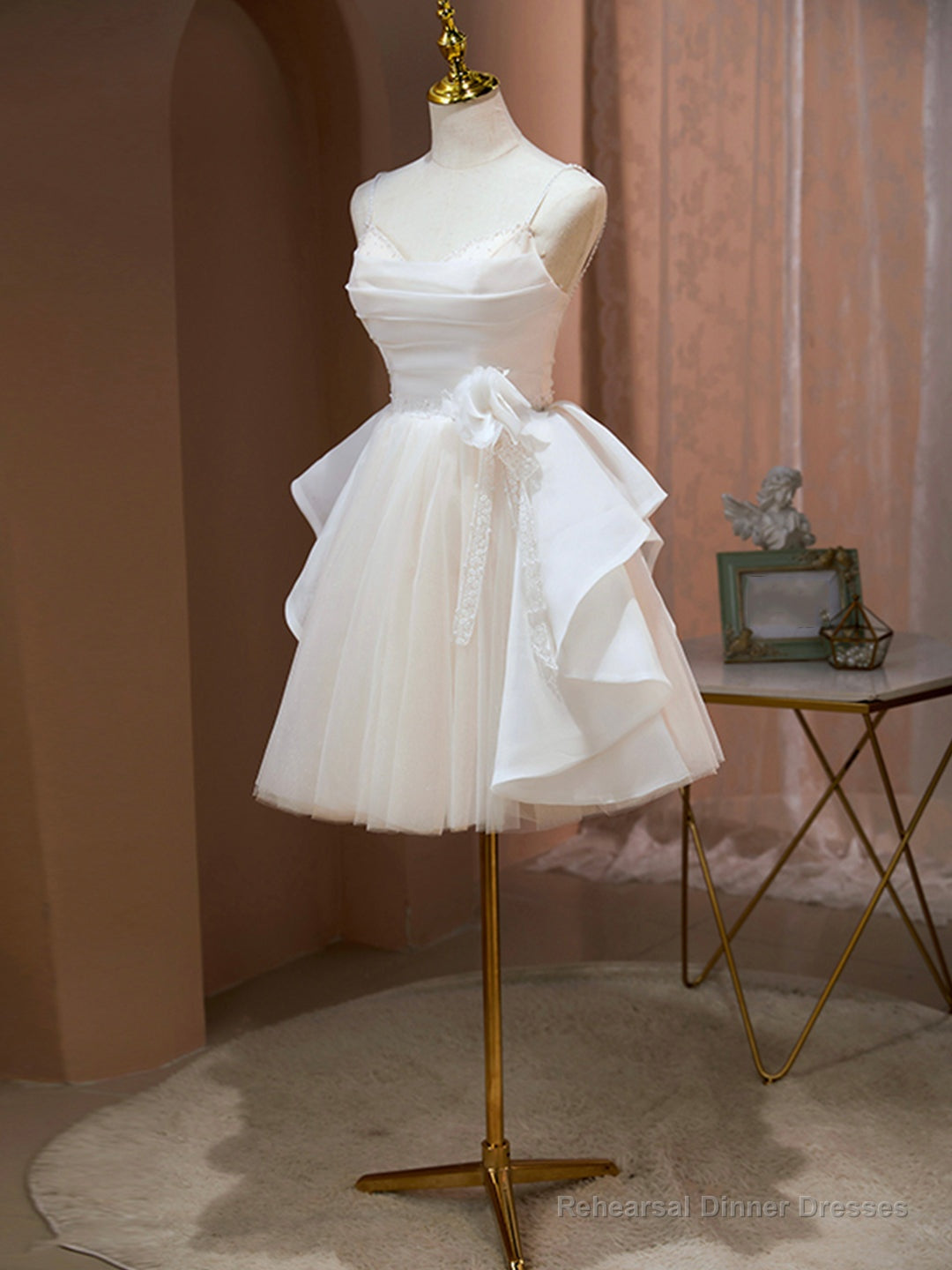 Champagne Spaghetti Strap Tulle Party Dress, Cute Knee Length Prom Dress Main image