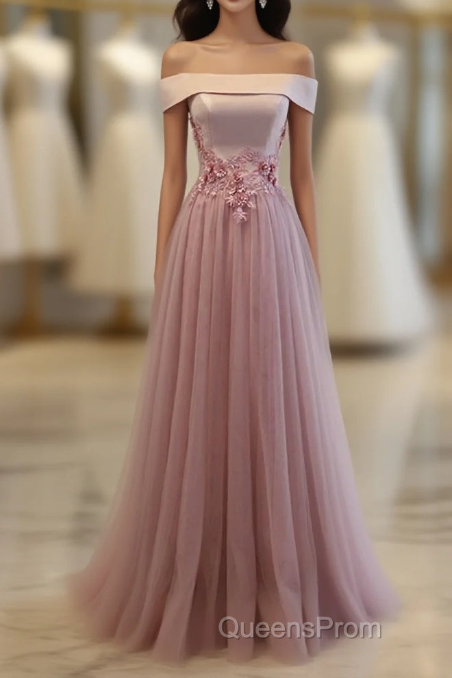Pink A Line Off Shoulder Floor Length Evening Prom Dress, Lace Evening Dress Main image
