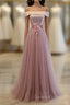 Pink A Line Off Shoulder Floor Length Evening Prom Dress, Lace Evening Dress