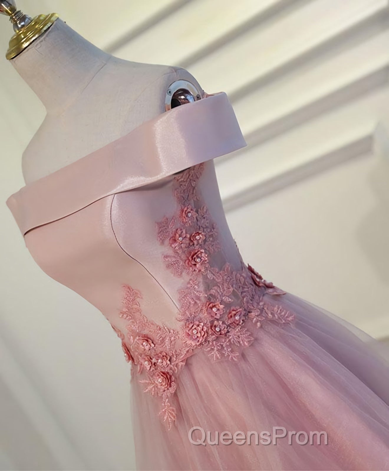 Pink A Line Off Shoulder Floor Length Evening Prom Dress, Lace Evening Dress