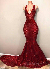 Red Sequins Shiny V-Neck Mermaid Long Evening Prom Dress