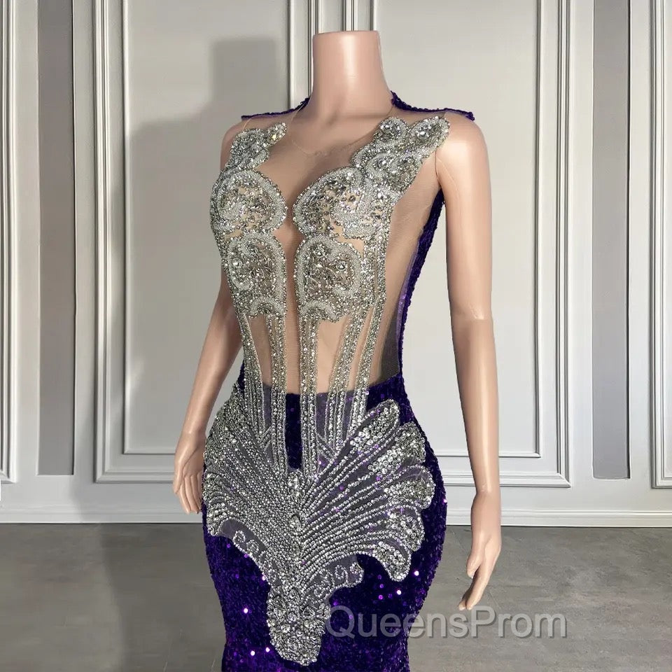 Sequined Sleeveless Mermaid Evening Prom Dress with Beadings