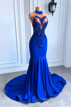 Royal Blue High Neck Sleeveless Mermaid Evening Prom Dress with Beadings